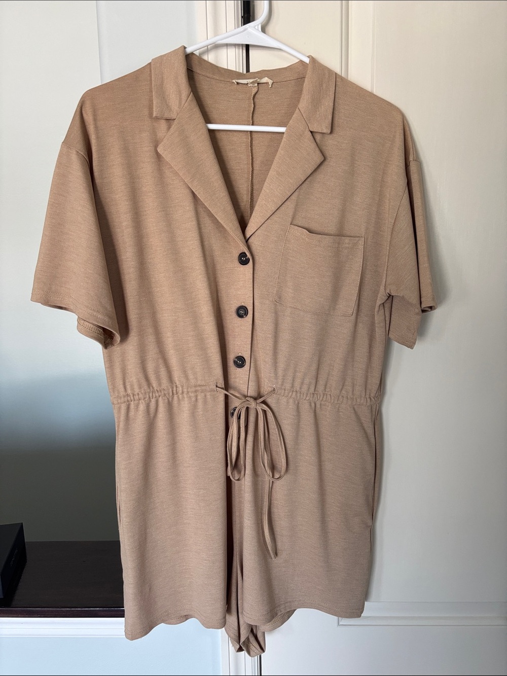 Le Lis Short Sleeve Taupe Romper with Drawstring